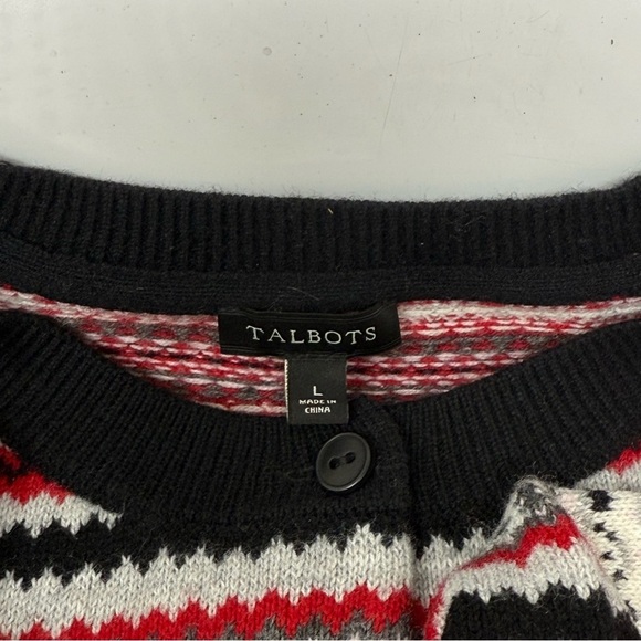 Talbots Fair Isle Cardigan Sweater Wool Blend Large Red White Black Gray Stripe - Picture 10 of 10